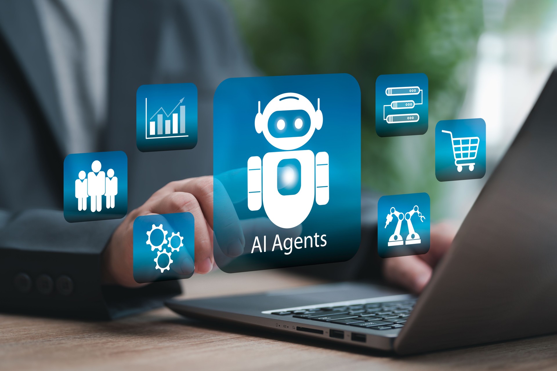 AI Agents Analyse for Business concept, AI assistants perform goals, Businessman use AI technology, Assistants working to make decisions for industry, New Ideas, Marketing, financial, Automate system